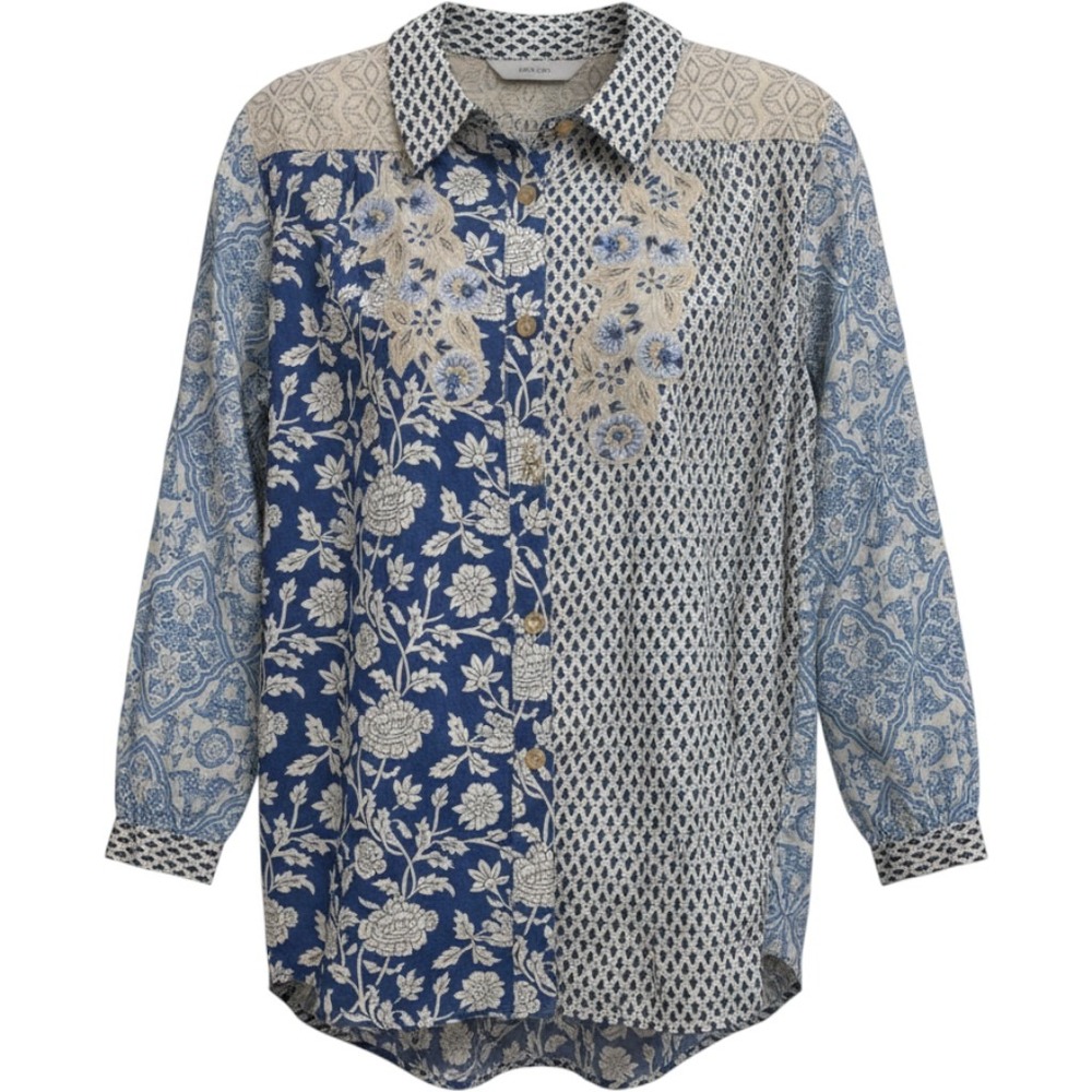 Soft Surroundings Embroidered Cotton Tunic Shirt 3X Mixed Print